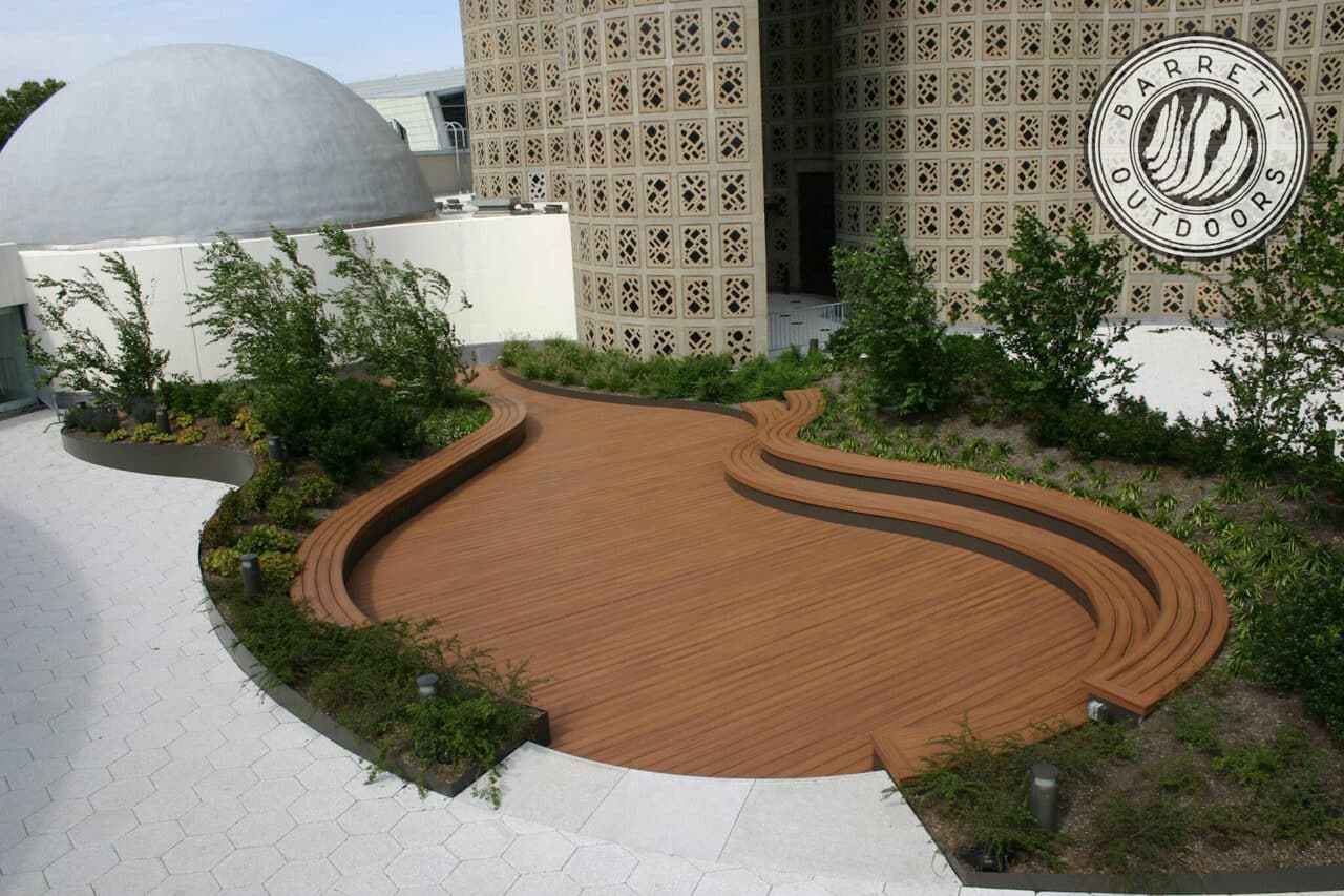 Outdoor curved deck ideas - Hall of Science curved deck with built-in curved seating - Curved Deck Builders in New Jersey